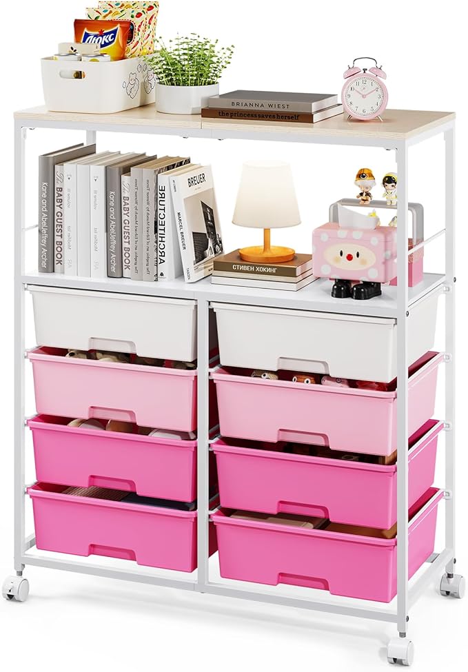 an eight drawer pink storage cart