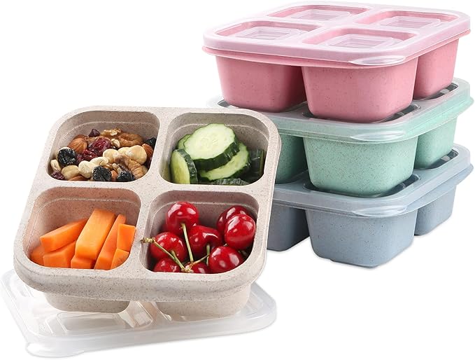 Four colorful snack containers with four compartments.