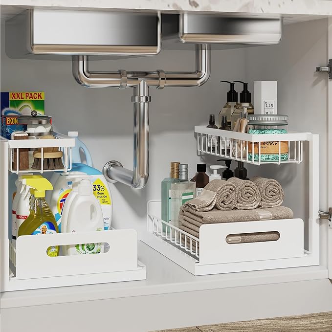 White stacked shelves under a sink