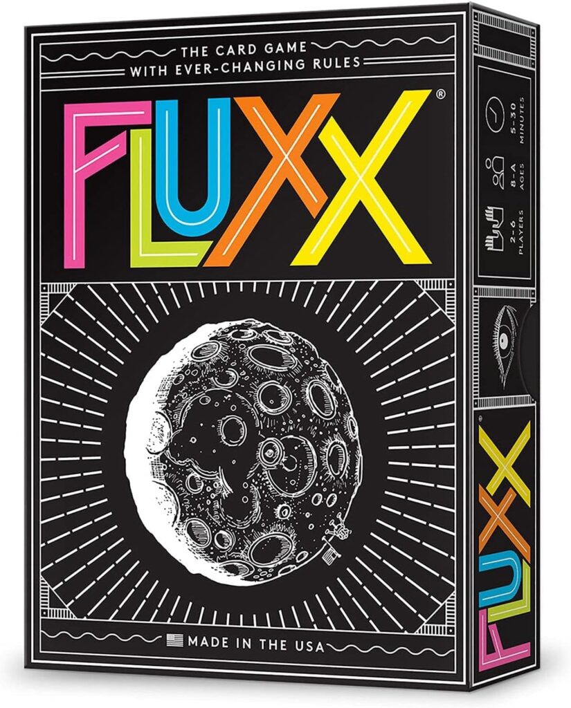 A black card box with the title in neon colors and a picture of Earth's moon in the center of the box.