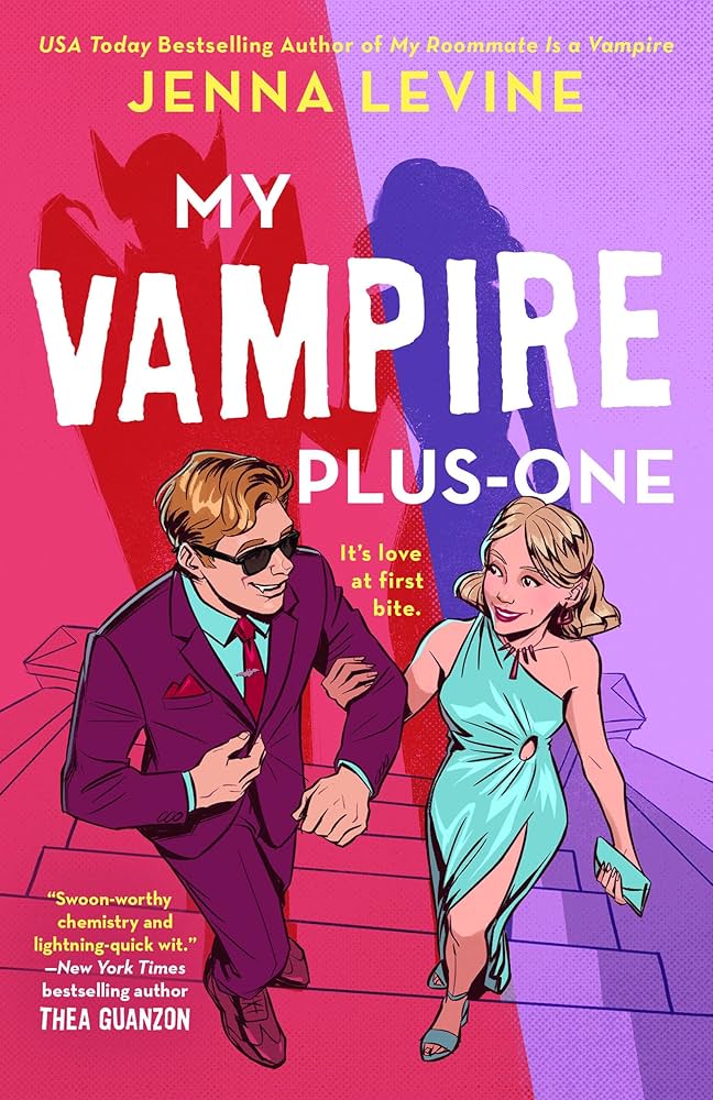 The perspective is taken from the top of the stairs and you're looking at an illustrated couple walking up them. Light is being cast that is split into a purple side and a red side. The woman on the purple side is in a light blue, one shoulder dress. She's blonde. She's holding the arm of a man in a burgundy suit and matching blue shirt. He has brown hair and is wearing sunglasses. Her shadow is normal. His reveals a batlike vampiric creature.