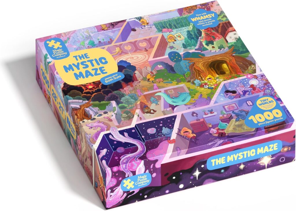 A purple puzzle box with the cover revealing sections of the puzzle, which is a fantastical maze. 