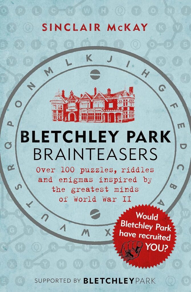 A book with a light blue cover and a depiction of Bletchley Park in red.