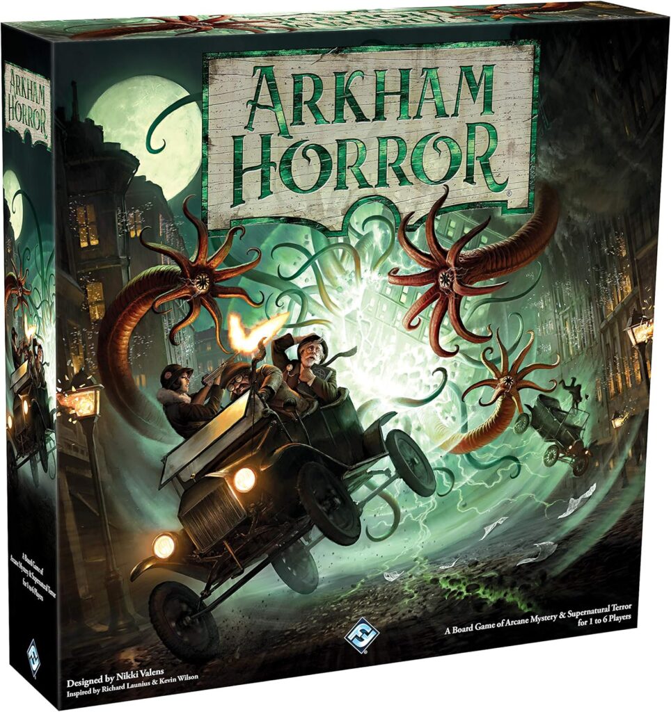 A board game with the image of a car being chased through a foggy street by tentacles.