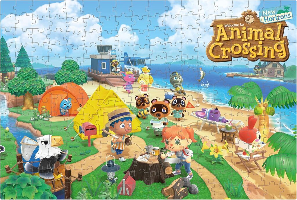 A puzzle featuring the animal crossing characters on a beach.