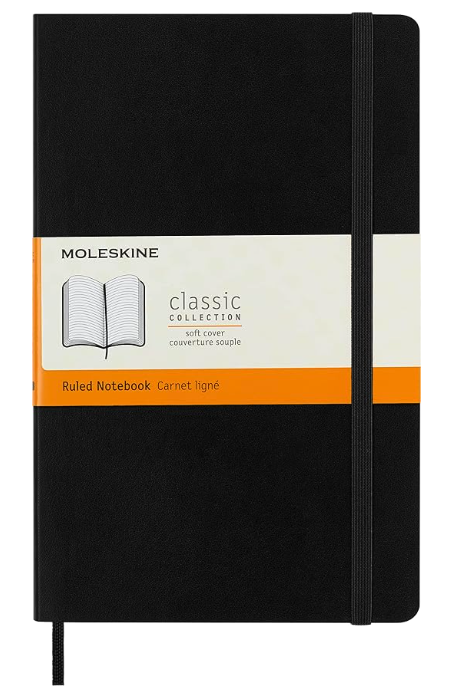 A black moleskine notebook with a label and a ribbon bookmark