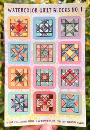 A sheet of stickers of quilt blocks done in pastel colors 