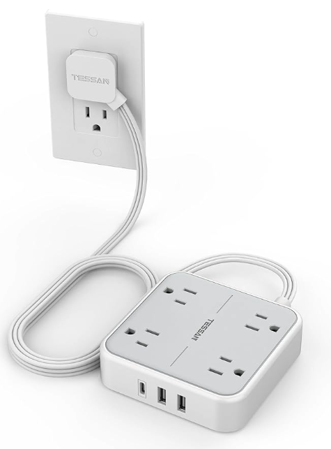 A white surge protecting flat extension cord with four outlets plus 3 usb ports 