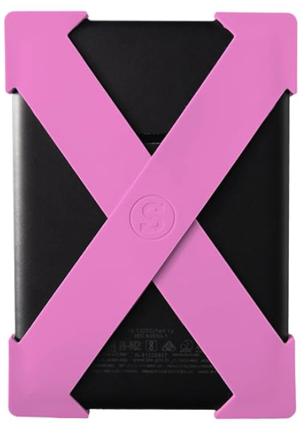A pink X strap on the back of a Kindle device 