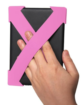 A white hand sliding beneath one of the X straps of the Strapcicle allowing the user to hold the device flat on their hand