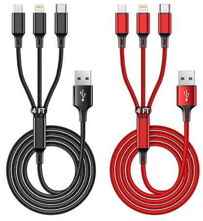 A black and red extension cable with a USB A base, and three ports on the other end - micro, iphone, usb-C - that are 4 feet long.
