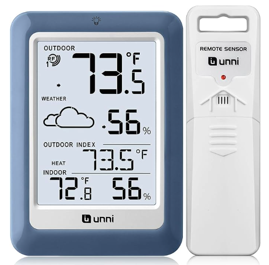 A blue framed digital weather station with temperature, humidity, weather, and indoor temperature 