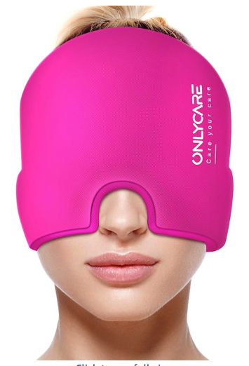 A pink flexible mask that covers forehead, eyes and upper cheeks in hot pink on a blonde white woman's face