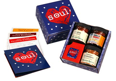 Penzey's Mini Soul Box, with four cards explaining the mix, and a small box with three jars of spice mix - Cajun seasoning, cinnamon, and a third mix 