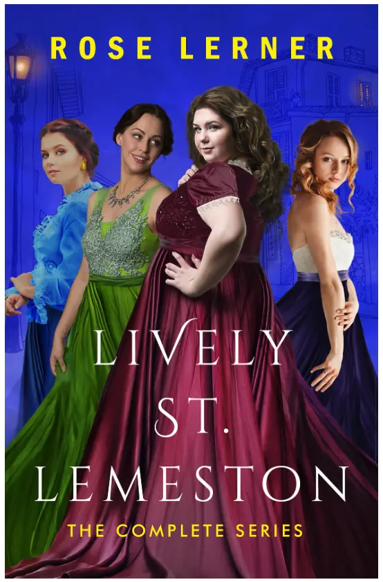 Rose Lerner's Lively St. Lemeston series with the four heroines of the four books on the cover. They're wearing blue, green, burgundy and white and black gowns, and are all photographs of models 