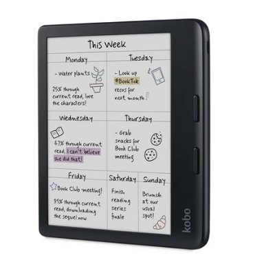 A kobo libra device showing a weekly planner with color highlights on some of the words. The device is black with a larger right margin that has two buttons vertically on one edge