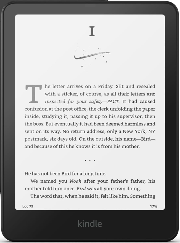 A kindle paperwhite, a black eink device with no buttons and text on the screen.