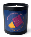 A black 11oz jar candle with the bad decisions book club logo on it - a burgundy book open like a tent with light coming out, with just one more page written on the side
