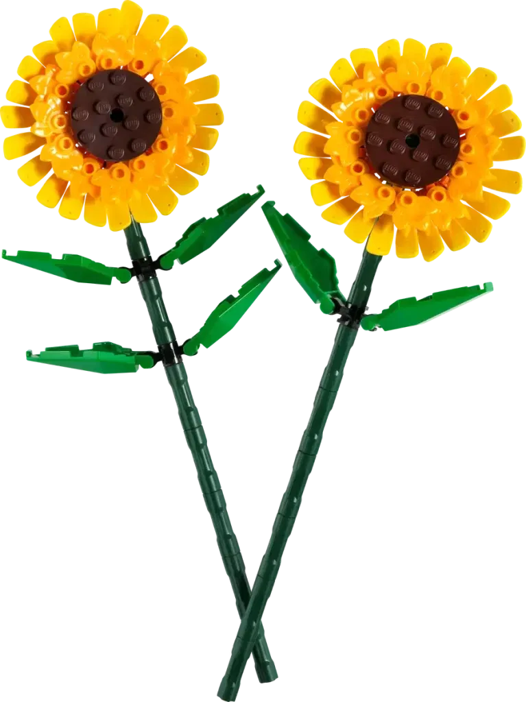 Two Lego sunflowers on tall stalks