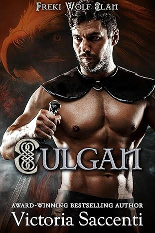 Culgan by Victoria Saccenti. A very tan man is shirtless except for what looks to be a leather peter pan collar. The title is in a medieval decorative font, which makes it hard to read. There's a blurry face of an eagle in the background.