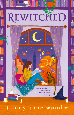 An illustrated cover of a brunette woman sitting in a window seat reading a book. She's wearing jeans and orange sweater. And orange and brown cat sits next to her. Framing the window are purple bookshelves and a purple curtain.