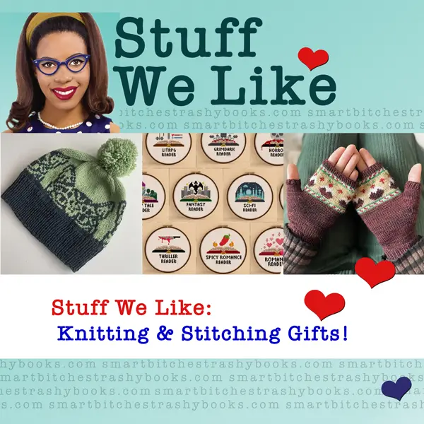 Stuff We Like - Knitting and Stitching Gifts - a hat with cats, genre cross stitch, and coffee drink fingerless gloves