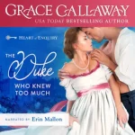 The Duke Who Knew Too Much Audiobook with a woman in a white off the shoulder gown with pink trim having the top of her gown pushed down her shoulders by a dude who is turned to the side, and yes, his shirt is open and still tucked in! The book is narrated by Erin Mallon