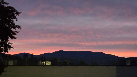 a pink and dark blue and purple dappled sky above a mountain line