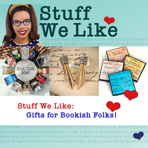 Stuff We Like: Gifts for Bookish Folks. - with a picture of a book club ornament surrounded by tiny books, fountain pen nib earrings, and coasters that look like library cards