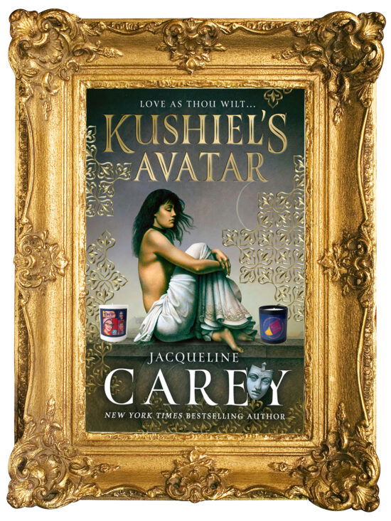 Kushiels Avatar by Jacqueline Carey, featuring a illlustration of a woma with white pants sitting sideways on a wall with her legs up. In front and behind her are some SBTB candles.