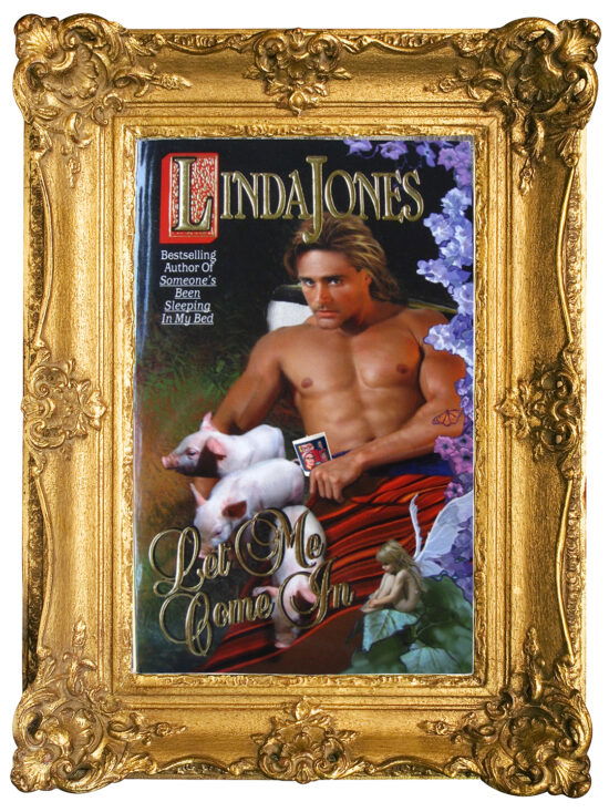 Let Me Come In by Linda Jones, featuring John de Salvo reclining with some white piglets ? next to him. He's shirtless, with a read blanket on his lap, and a 20th anniversary candle in his hand.