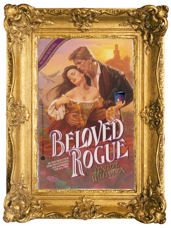 Beloved Rogue by Penelope Williamson. A woman in a gold off the shoulder dress is kneeling while pulling on the top edge of her bodice while a guy with a jacket and white shirt kneels behind her, embracing her from behind. In her upturned hand is a SBTB Candle