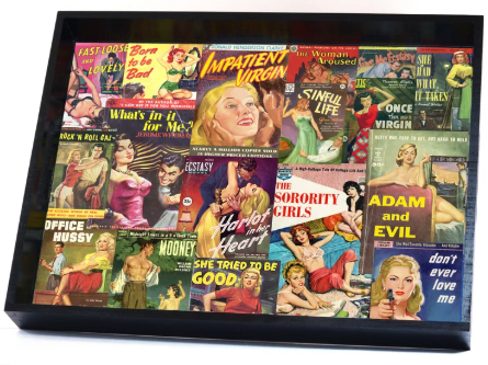 A pulp art cover collage on a serving tray some of the titles include IMPATIENT VIRGIN, OFFICE HUSSY, and SHE TRIED TO BE GOOD.