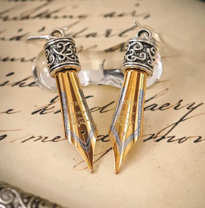 Fountain pen earrings with gold nibs and silver collars 