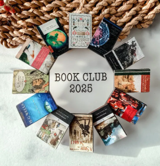 A circle made of 12 miniature books with a center disk that reads BOOK CLUB 2025