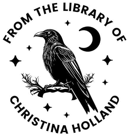 A personalized book embosser with a crow and a crescent moon