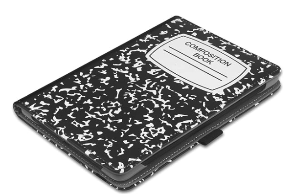 A composition notebook cover for an ereader 