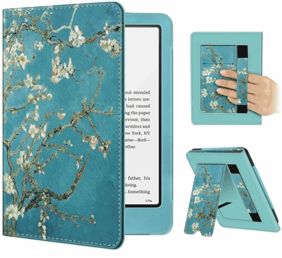 A kindle cover with blue backgrounds with cherry blossoms pointed on the front. On the back is a sleeve for holding the device with one hand, and a kickstand