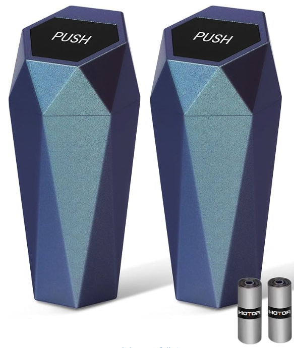 Car trash can with lid, designed to go into the door cupholder space