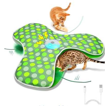 A green clover shaped interactive cat toy with moving feathers, and two orange tabby kittens playing with it 