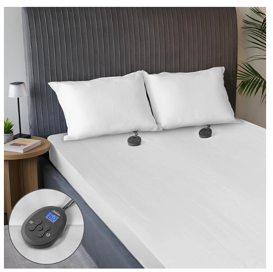 A grey headboard and a white bed made up with a mattress pad. the heat controllers are visible under each pillow 