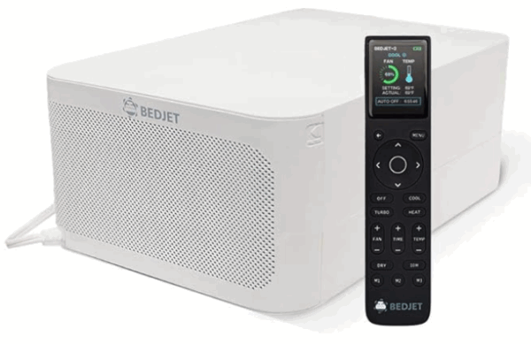 A bedjet fan box and remote showing the temp and fan controls