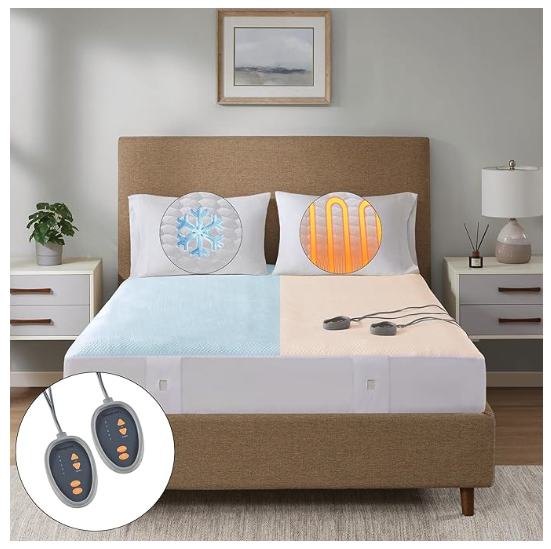 A beautyrest mattress pad with a hot zone and cold zone illustrated by ovals in orange and blue, with an inset photo of the controllers 
