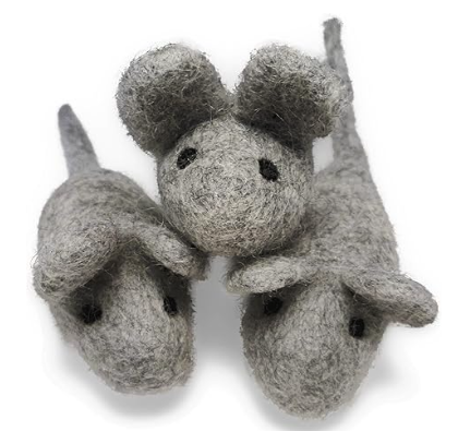 Three small felted mice in grey with black eyes 