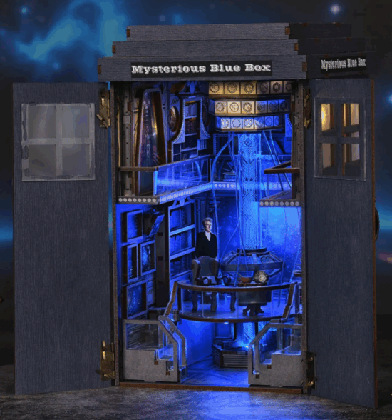 A miniature tardis kit with stairs and shelves, and a statue of one of the doctors 
