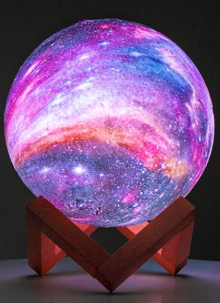 A sphere of blue, purple, magenta and stars, with a wooden base 