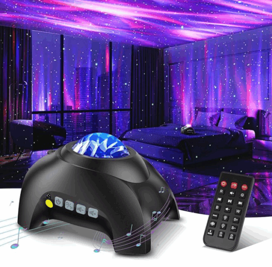 A black projector and remote with a picture of a bedroom with the walls and ceiling covered in magenta and blue auroras from the device 