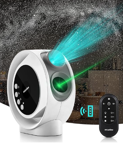 A projector device with an upright wheel and two lenses with buttons on the side and a remote 