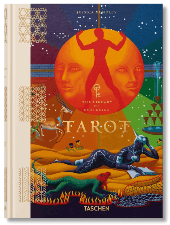 Tarot the library of esoterica with an illustration of a large orange sun, with a loungching figure below on a beach with stars in the background