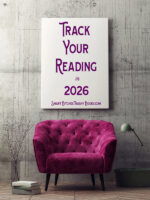 track Your reading in 2026 is written in magenta type on a blank canvas. Below the blank canvas is a pink upholstered chair, with a stack of books, a lamp and a vase of white branches next to it on the floor